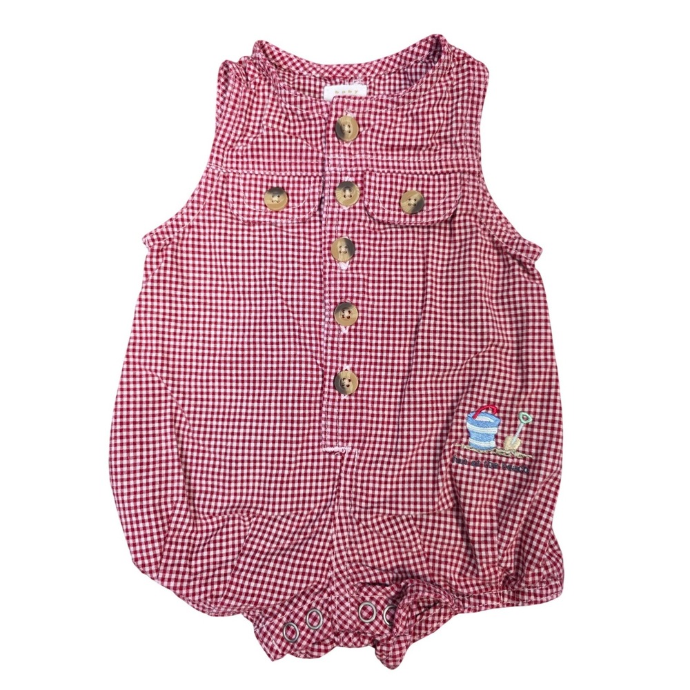 Vintage Baby GAP Red Gingham Beach Bucket Shovel Romper Shortalls 0-3 Months/B74
